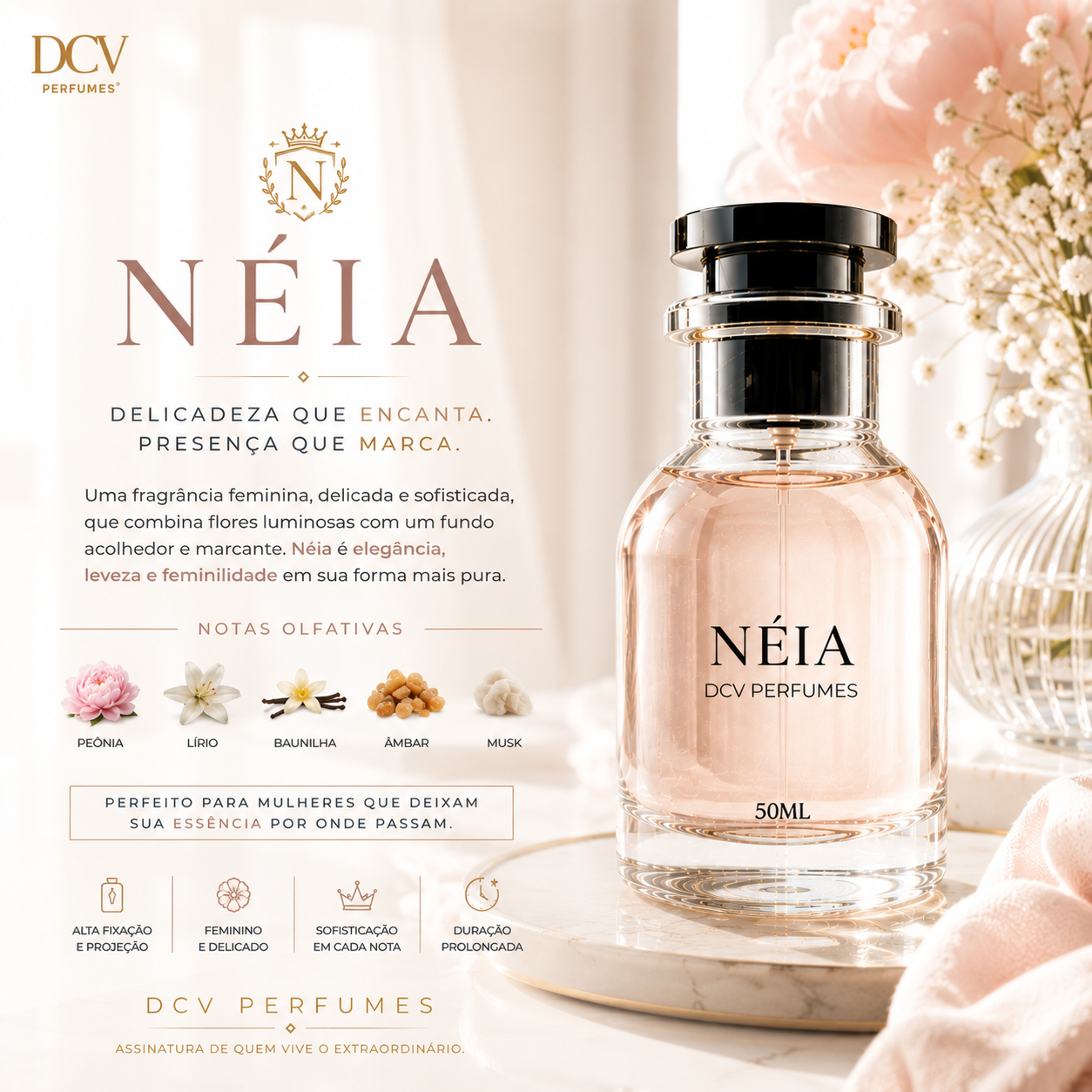 Perfume Neia Feminino - Eau de Parfum Floral Frutado Ambarado 50ml